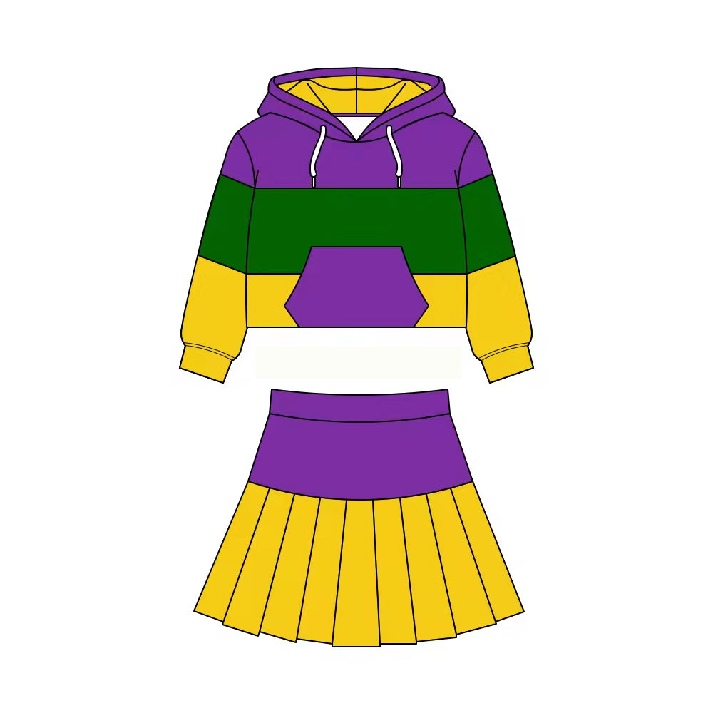 ( Moq 5 ) Preorder Baby Girls Long Sleeves Hoodie Pocket Shirt Skirt Shorts Yoga Mardi Gras Set