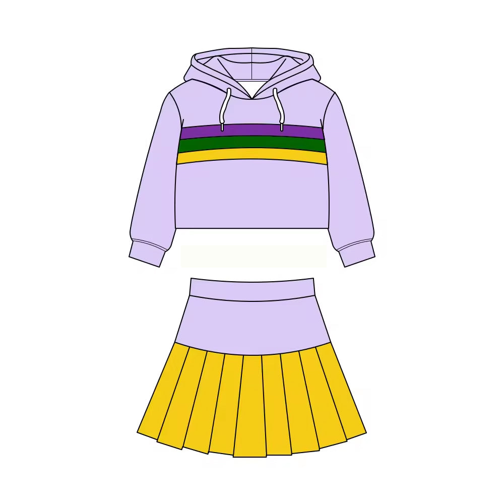 ( Moq 5 ) Preorder Baby Girls Lavender Long Sleeves Hoodie Shirt Skirt Shorts Yoga Mardi Gras Set