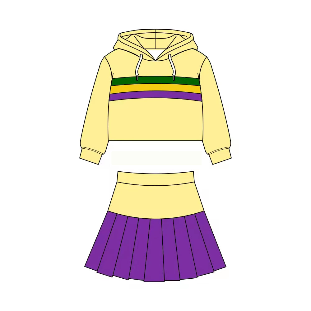 ( Moq 5 ) Preorder Baby Girls Long Sleeves Hoodie Shirt Yellow Purple Skirt Shorts Yoga Mardi Gras Set