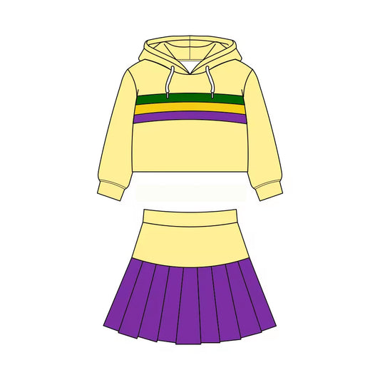 ( Moq 5 ) Preorder Baby Girls Long Sleeves Hoodie Shirt Yellow Purple Skirt Shorts Yoga Mardi Gras Set