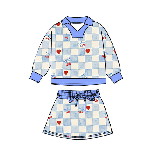 ( Moq 5 ) Preorder Baby Girls Cherry Hearts Checked Tops Skirt Shorts Valentines Clothes Set
