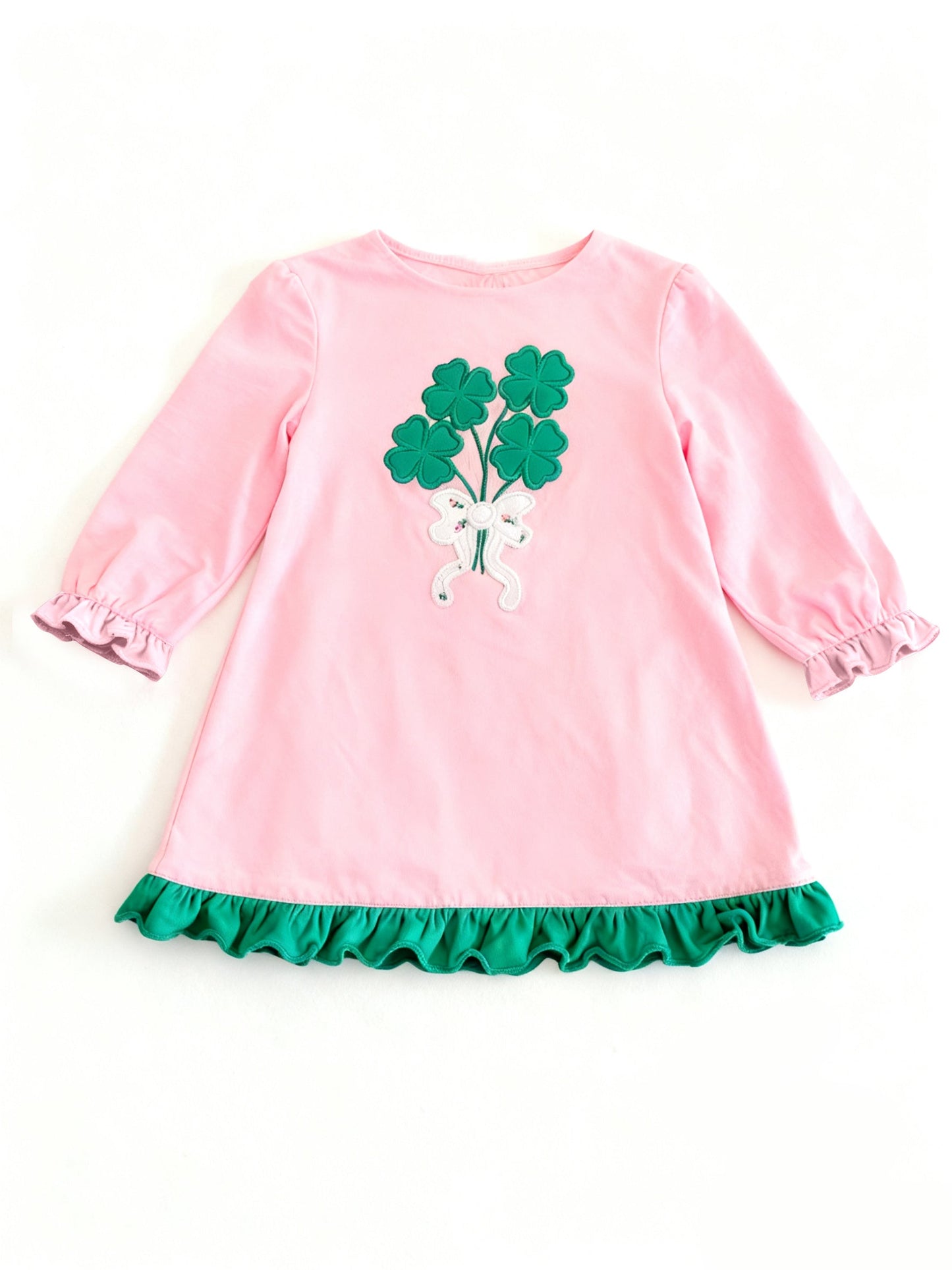 ( Moq 5 ) Preorder Baby Girls Long Sleeves Clovers Bows St Patrick Ruffle Knee Length Dress
