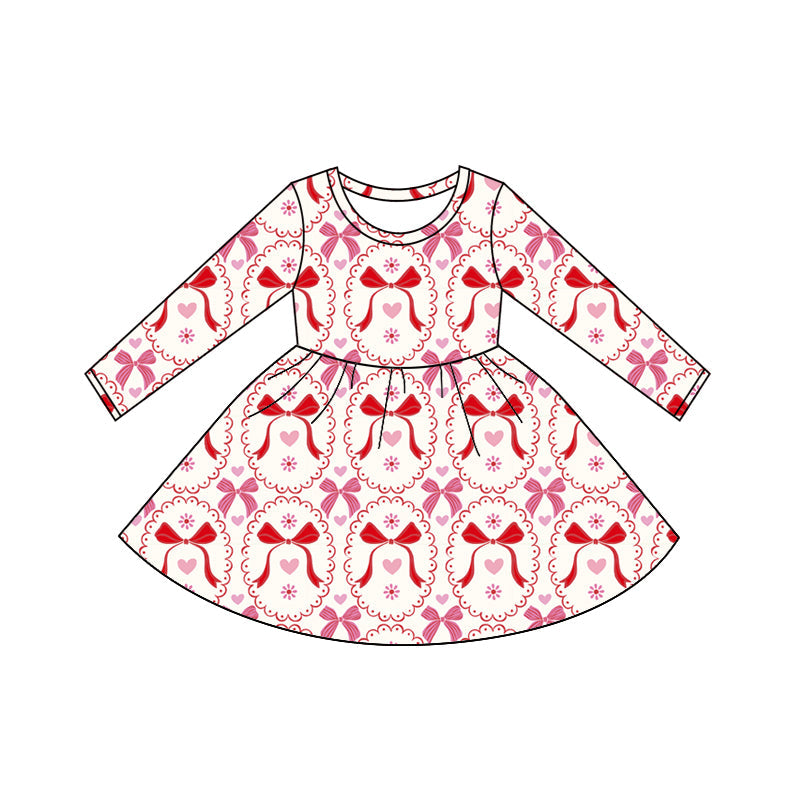 ( Moq 5 ) Preorder Baby Girls Long  Sleeves Bows Hearts Flower Valentine Knee Length Dress