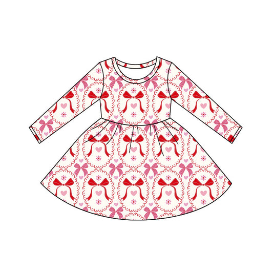 ( Moq 5 ) Preorder Baby Girls Long  Sleeves Bows Hearts Flower Valentine Knee Length Dress