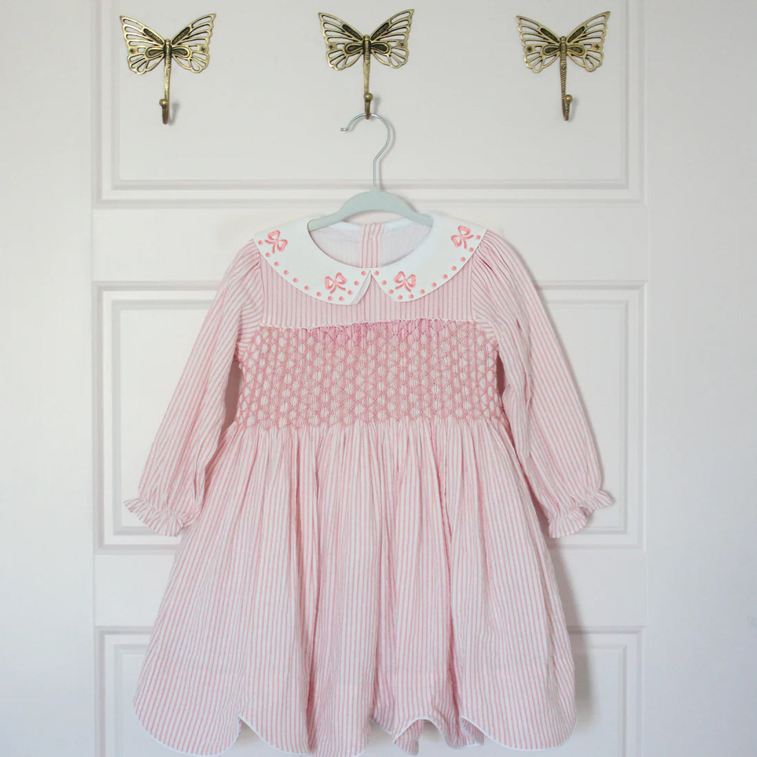( Moq 5 ) Preorder Baby Girls Kids Long Sleeves Bows Stripes Knee Length Dress