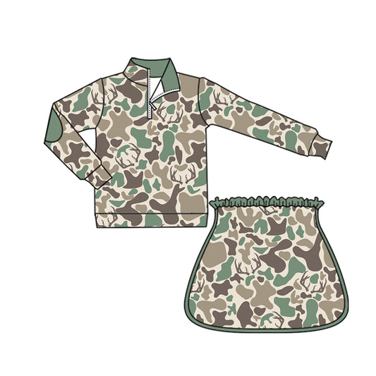 ( Moq 5 ) Preorder Baby Girls Long Sleeves Deer Green Camo Zipper Pullover Skirt Shorts Set