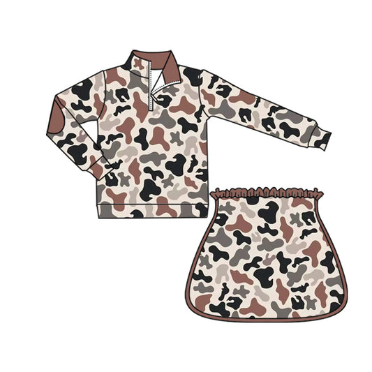 ( Moq 5 ) Preorder Baby Girls Kids Long Sleeves Camo Zipper Pullover Skirt Shorts Set