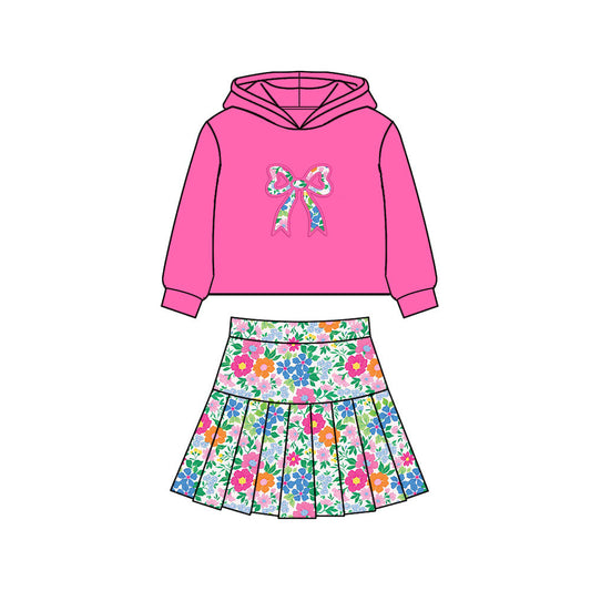 ( Moq 5 ) Preorder Baby Girls Pink Hoodie Bows Shirt Flower Skirt Shorts Yoga Clothes Set