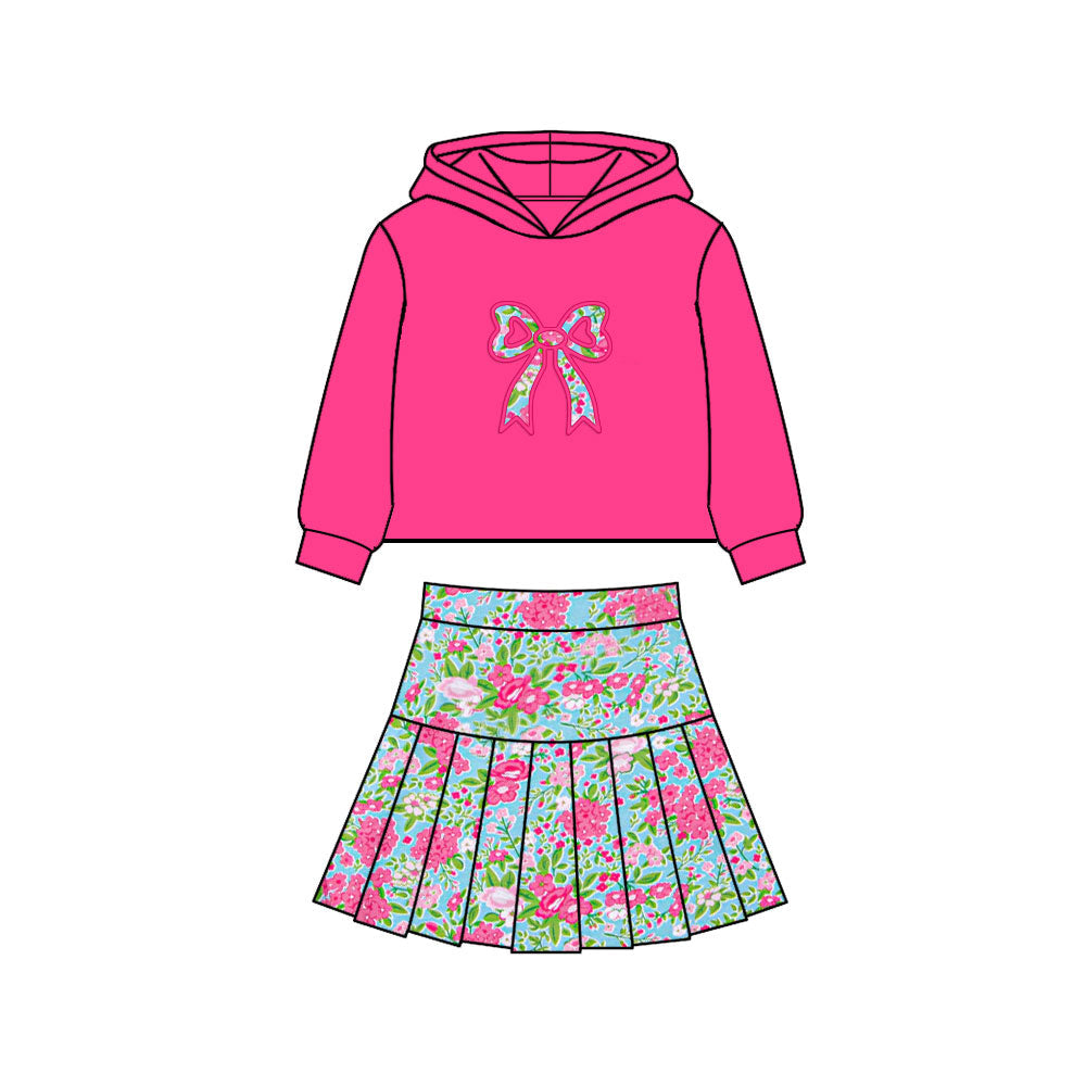 ( Moq 5 ) Preorder Baby Girls Hot Pink Hoodie Bows Shirt Flower Skirt Shorts Yoga Clothes Set