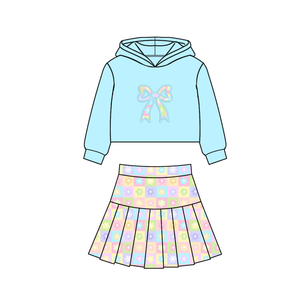 ( Moq 5 ) Preorder Baby Girls blue Hoodie Bows Shirt Flower Plaid Skirt Shorts Yoga Clothes Set