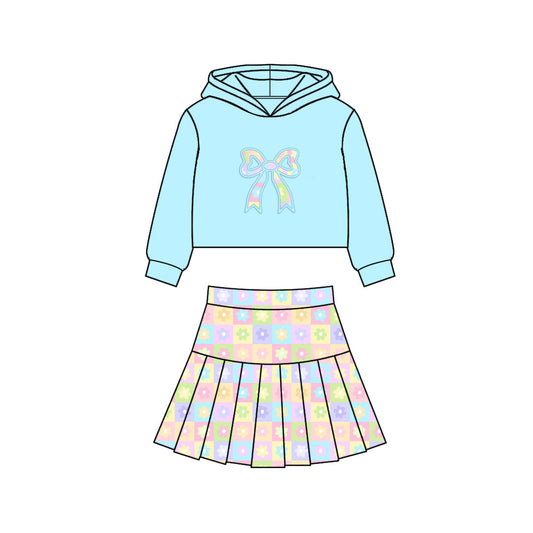 ( Moq 5 ) Preorder Baby Girls blue Hoodie Bows Shirt Flower Plaid Skirt Shorts Yoga Clothes Set
