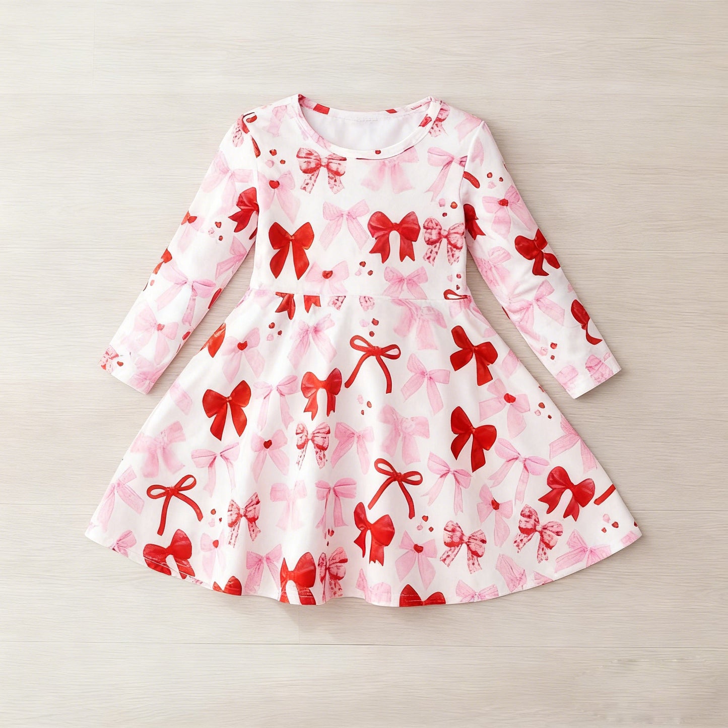( Moq 5 ) Preorder Baby Girls Long Sleeves Bows Hearts Valentine's Day Knee Length Dress