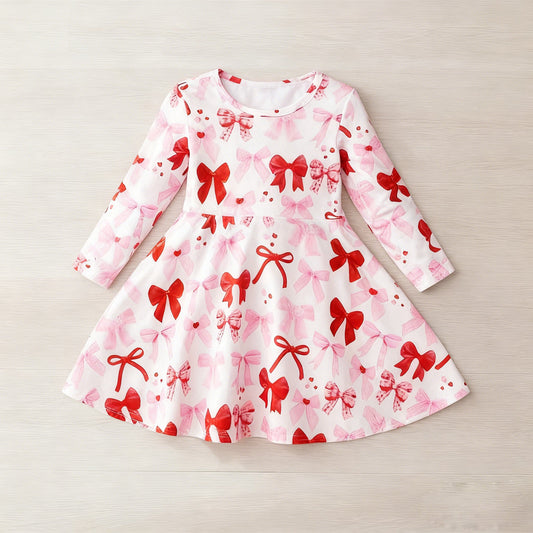 ( Moq 5 ) Preorder Baby Girls Long Sleeves Bows Hearts Valentine's Day Knee Length Dress
