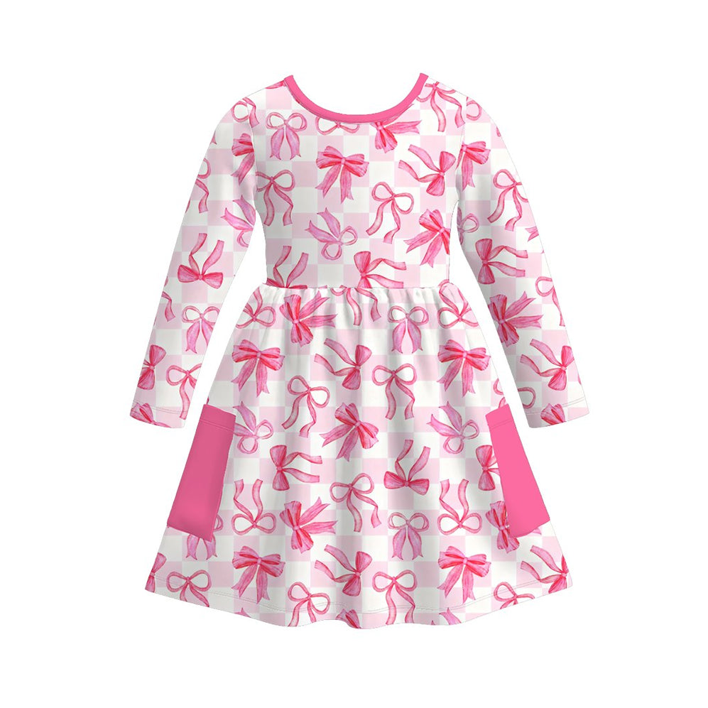 ( Moq 5 ) Preorder Baby Girls Long Sleeves Pink Bows Checked Pockets Knee Length Dress
