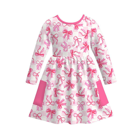 ( Moq 5 ) Preorder Baby Girls Long Sleeves Pink Bows Checked Pockets Knee Length Dress