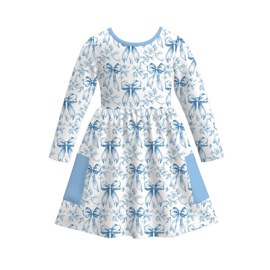 ( Moq 5 ) Preorder Baby Girls Kids Long Sleeves Bows Flower Blue Pockets Knee Length Dress