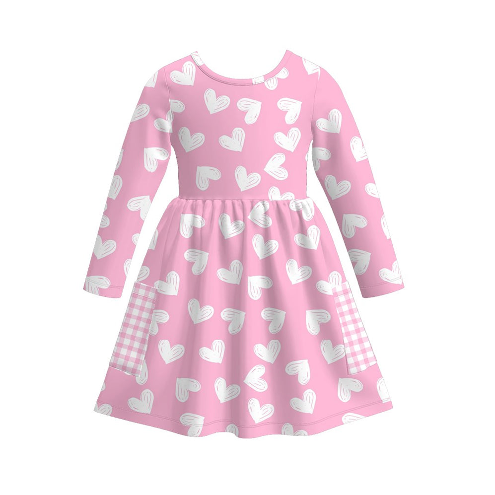 ( Moq 5 ) Preorder Baby Girls Kids Long Sleeves Hearts Plaid Pockets Valentines Pink Dress