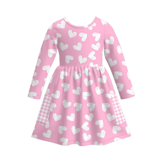 ( Moq 5 ) Preorder Baby Girls Kids Long Sleeves Hearts Plaid Pockets Valentines Pink Dress