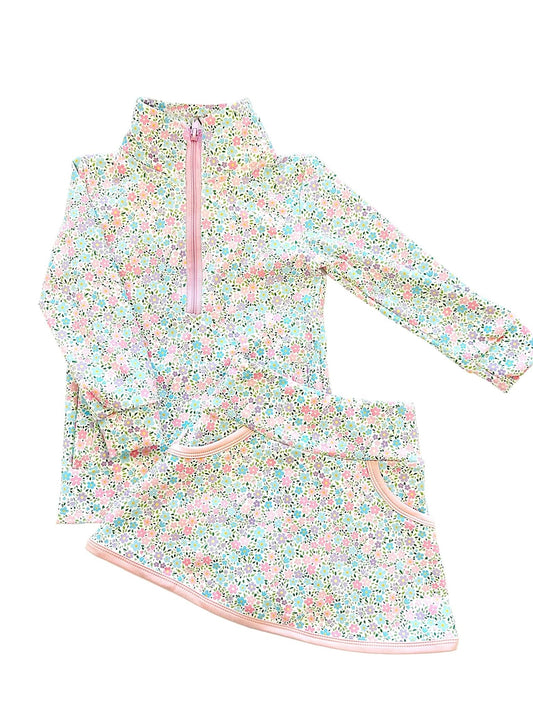 ( Moq 5 ) Preorder Baby Girls Long Sleeves Floral Pockets Zipper Pullover Skirt Shorts Clothes Set