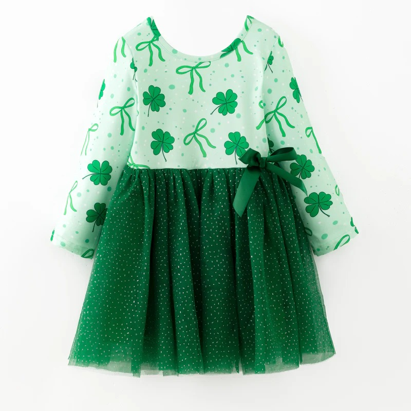 ( Moq 5 ) Preorder Baby Girls Long Sleeves Bows Clovers St Patrick Green Tulle Dress