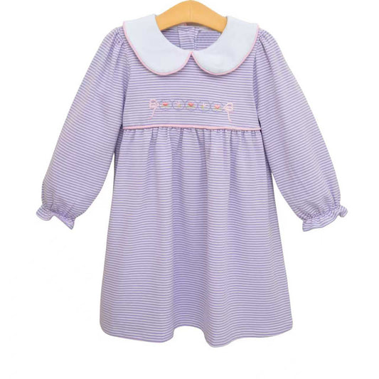 ( Moq 5 ) Preorder Baby Girls Kids Long Sleeves Hearts Bows Floral Purple Stripes Valentines Dress