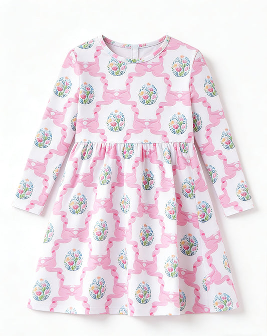 ( Moq 5 ) Preorder Baby Girls Kids Long Sleeves Flower Eggs Bows Easter Knee Length Dress