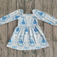 Baby Girls Kids Long Sleeves Castles Blue Bows Stripes Knee Length Dress RTS