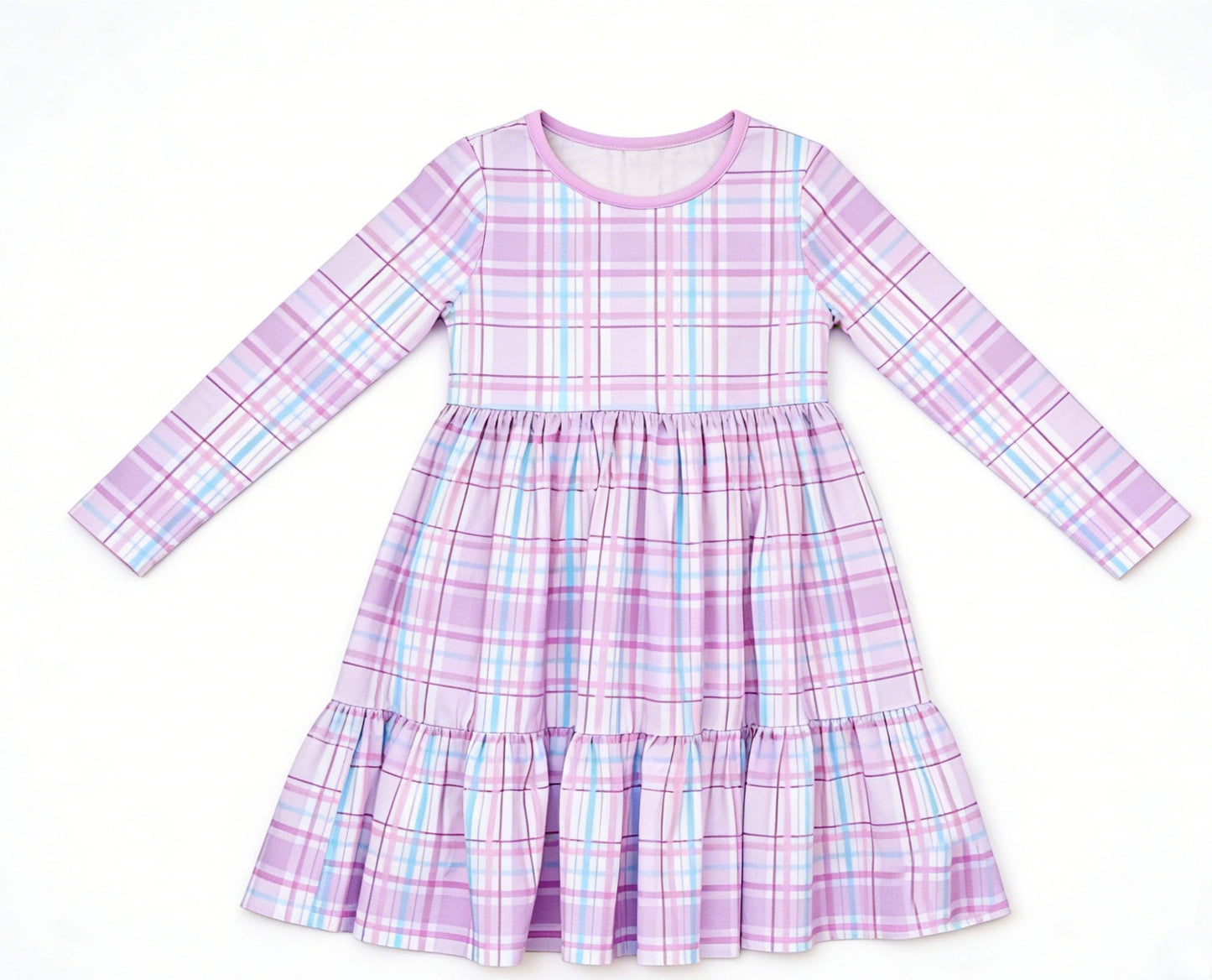 ( Moq 5 ) Preorder Baby Girls Kids Long Sleeves Plaid Easter Purple Knee Length Dress