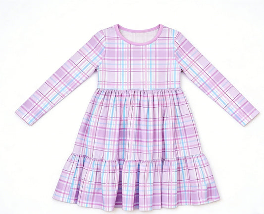 ( Moq 5 ) Preorder Baby Girls Kids Long Sleeves Plaid Easter Purple Knee Length Dress