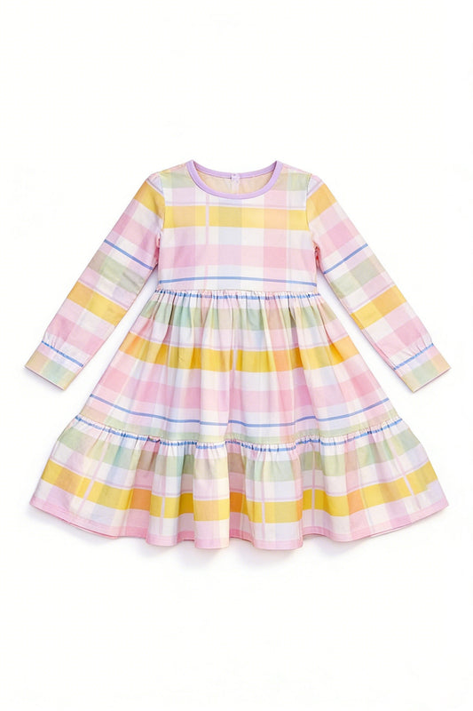 ( Moq 5 ) Preorder Baby Girls Kids Long Sleeves Plaid Easter Ruffle Knee Length Dress