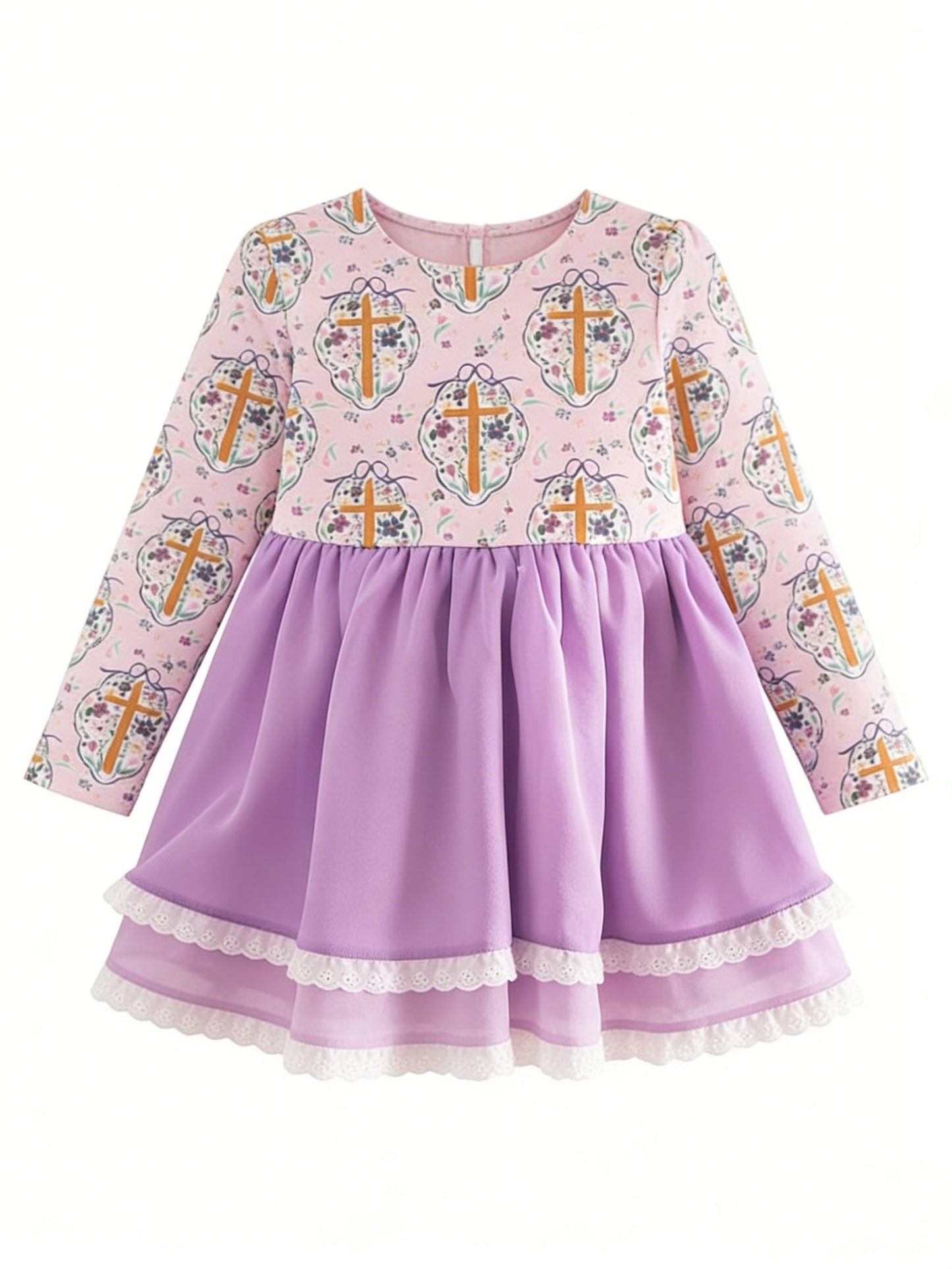 ( Moq 5 ) Preorder Baby Girls Long Sleeves Floral Crosses Bows Easter Purple Knee Length Dress