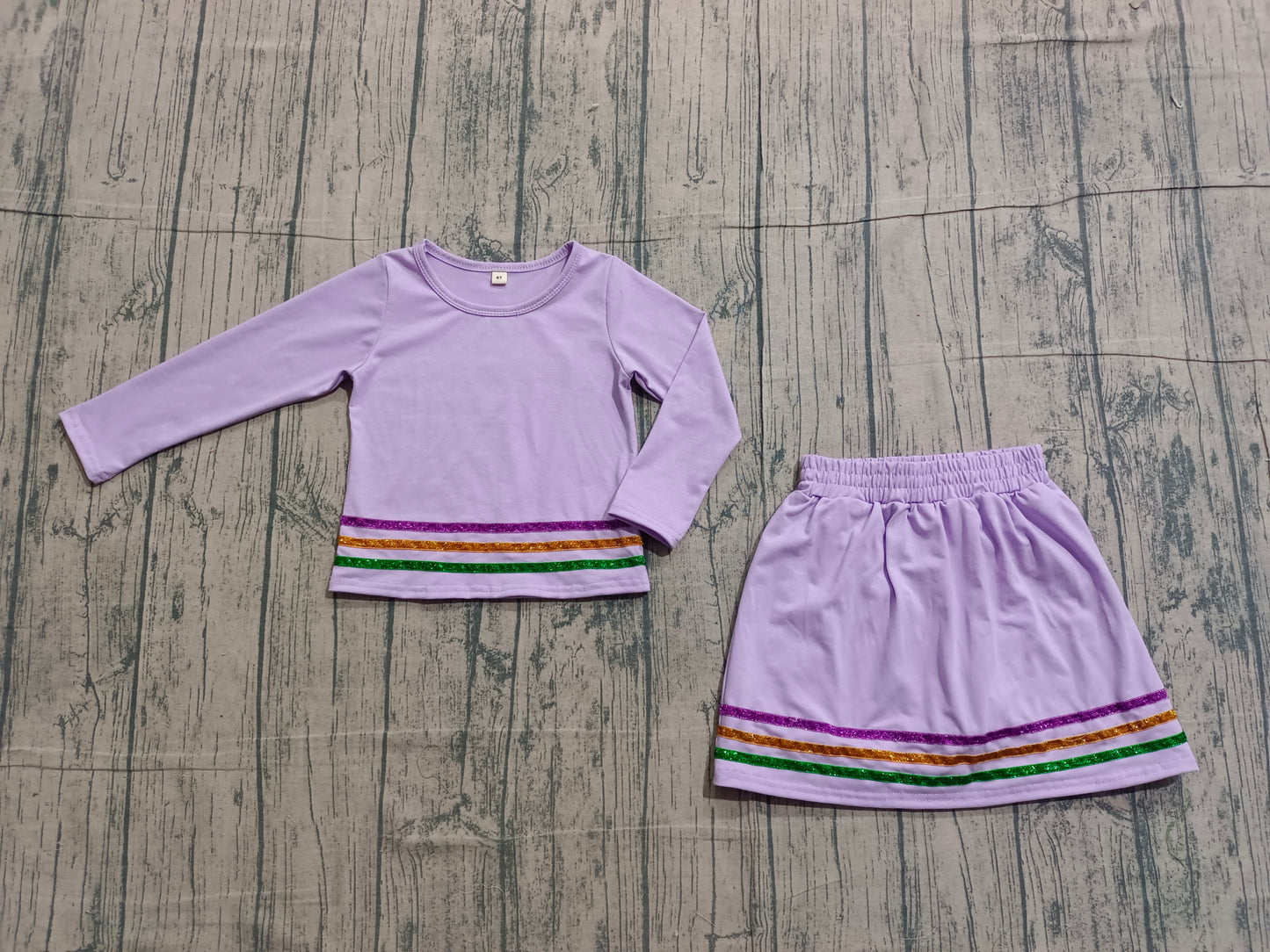 Baby Girls Purple Long Sleeves Stripes Shirt Skirt Mardi Gras Clothes Set RTS