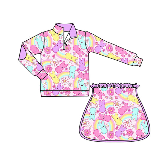 ( Moq 5 ) Preorder Baby Girls Long Sleeves Rabbits Flowers Zipper Tops Skirt Shorts Easter Yoga Set
