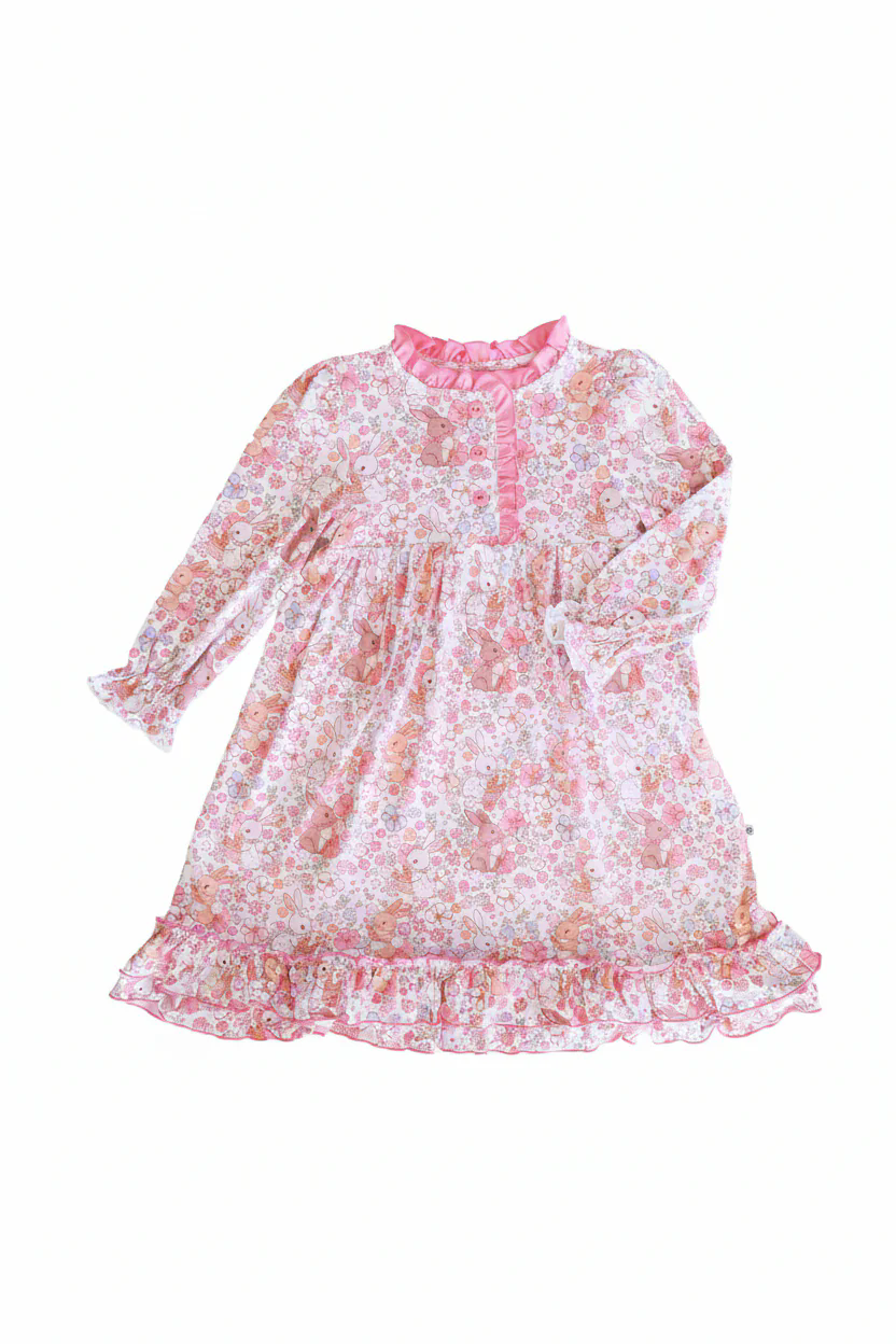 ( Moq 5 ) Preorder Baby Girls Kids Long Sleeves Rabbits Floral Ruffle Buttons Easter Pink Gown Dress