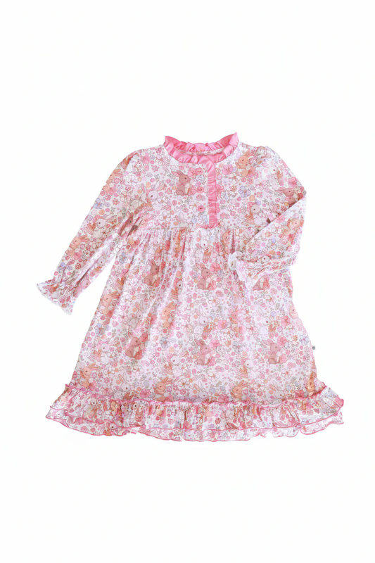 ( Moq 5 ) Preorder Baby Girls Kids Long Sleeves Rabbits Floral Ruffle Buttons Easter Pink Gown Dress