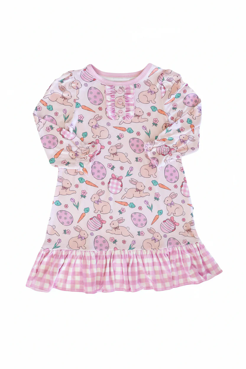 ( Moq 5 ) Preorder Baby Girls Kids Rabbits Carrots Eggs Buttons Easter Pink Plaid Ruffle Gown Dress