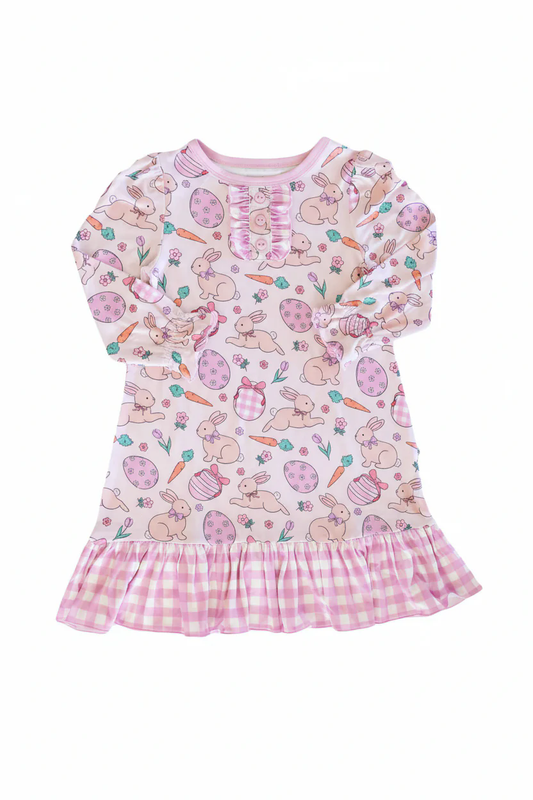 ( Moq 5 ) Preorder Baby Girls Kids Rabbits Carrots Eggs Buttons Easter Pink Plaid Ruffle Gown Dress