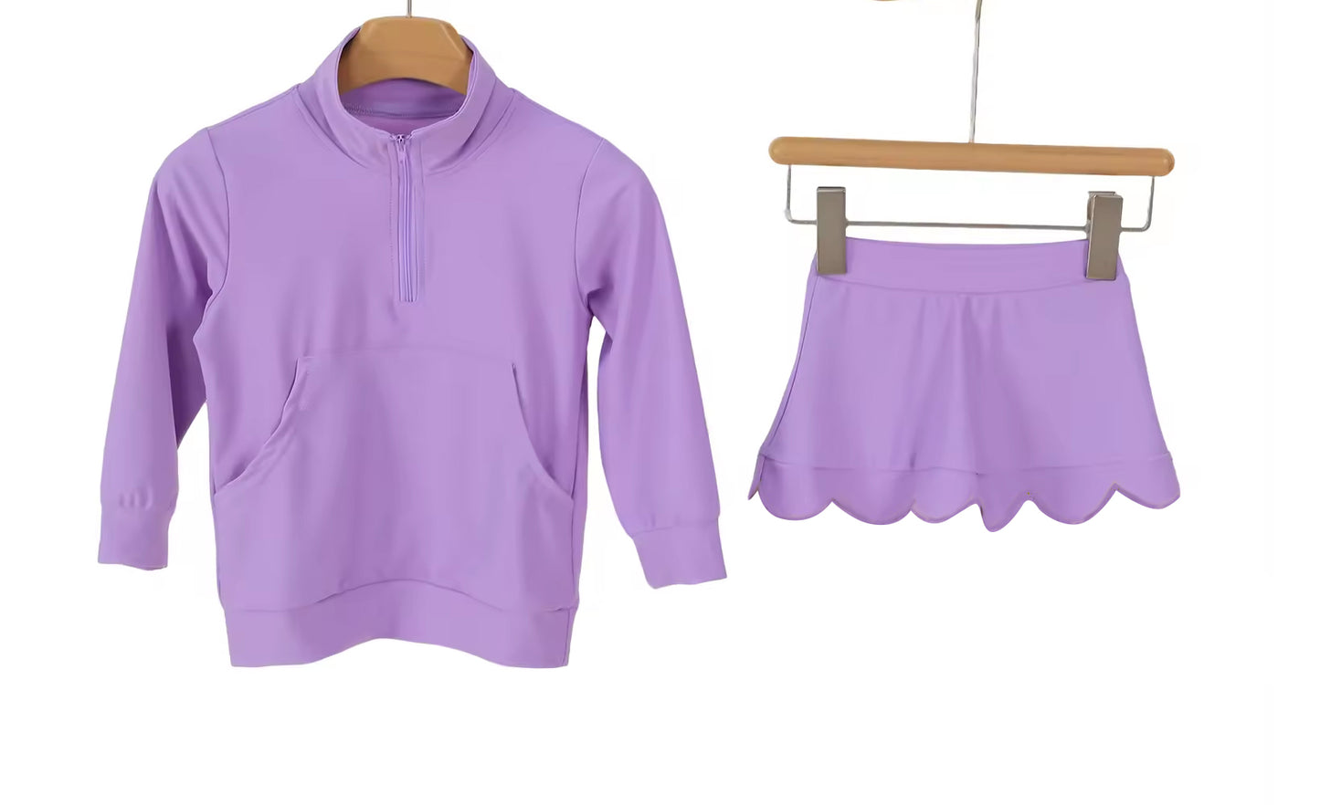 ( Moq 5 ) Preorder Baby Girls Long Sleeves Purple Zipper Pocket Tops Scallop Skirt Shorts Yoga Set