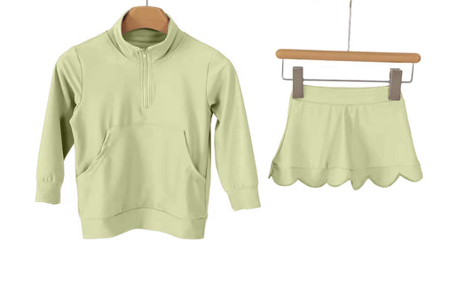 ( Moq 5 ) Preorder Baby Girls Long Sleeves Green Zipper Pocket Tops Skirt Shorts Yoga Set