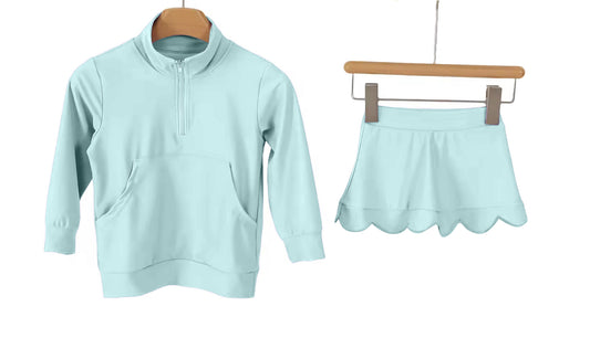 ( Moq 5 ) Preorder Baby Girls Long Sleeves Blue Zipper Pocket Tops Skirt Shorts Yoga Set