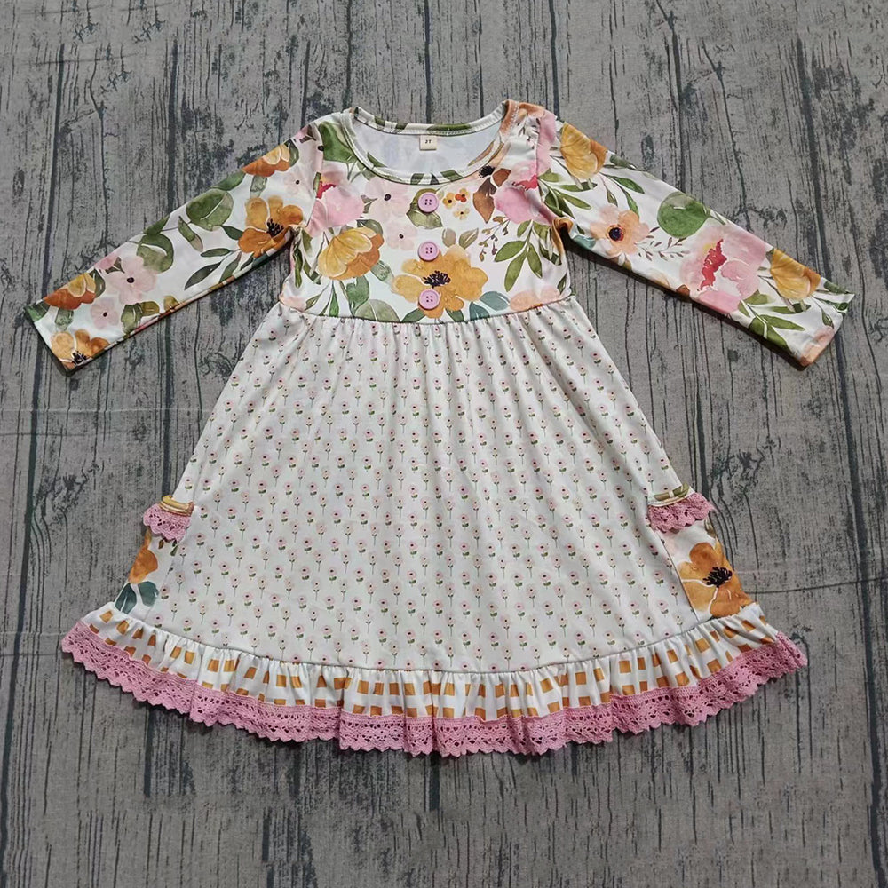 ( Moq 5 ) Preorder Baby Girls Long Sleeves Flower Buttons Pockets Ruffle Knee Length Dress