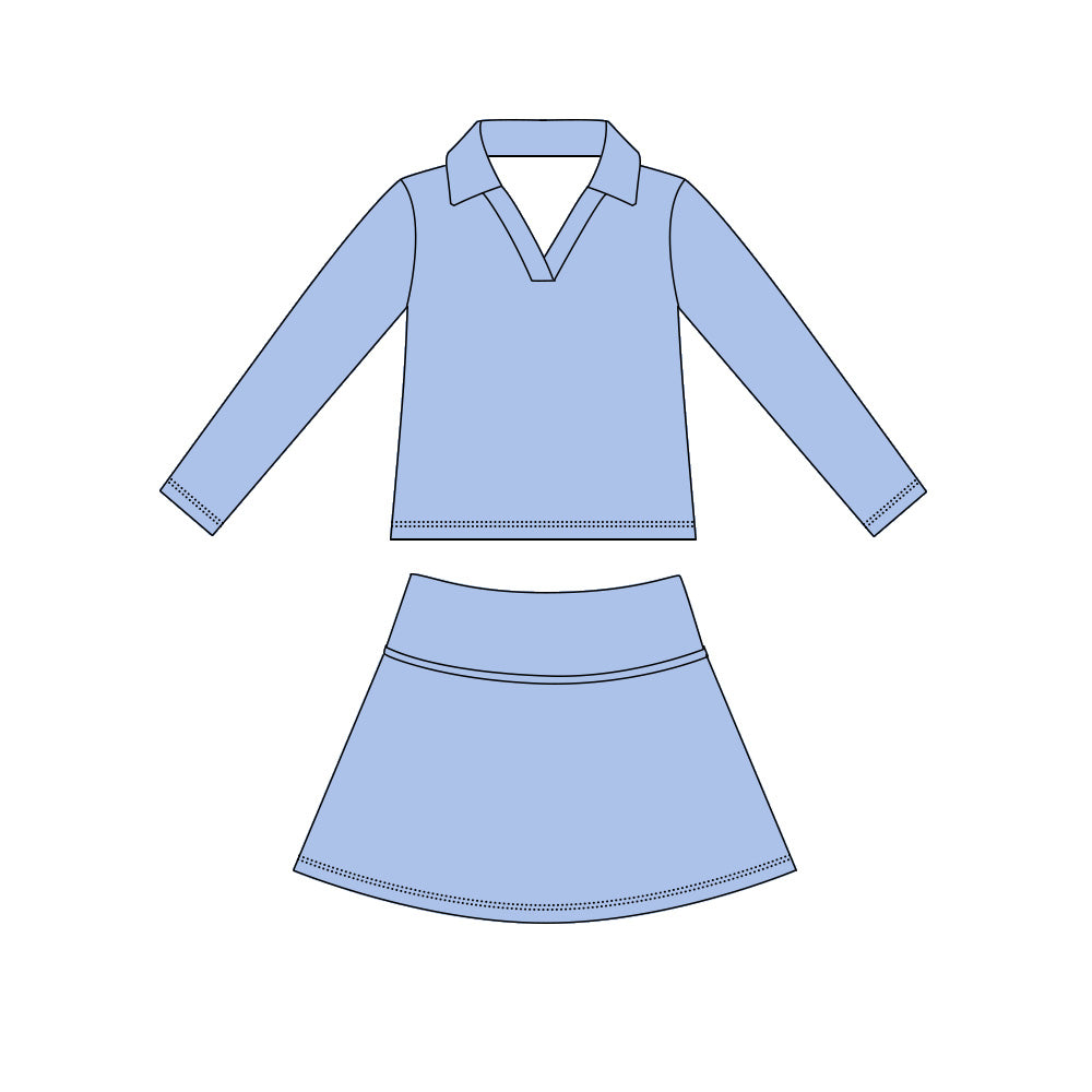 ( Moq 5 ) Preorder Baby Girls Kids Long Sleeves Blue Shirt Skirt Shorts Yoga Active Set Clothes
