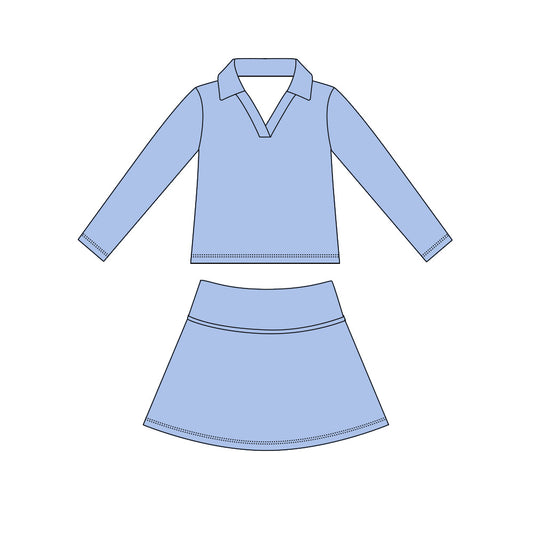 ( Moq 5 ) Preorder Baby Girls Kids Long Sleeves Blue Shirt Skirt Shorts Yoga Active Set Clothes