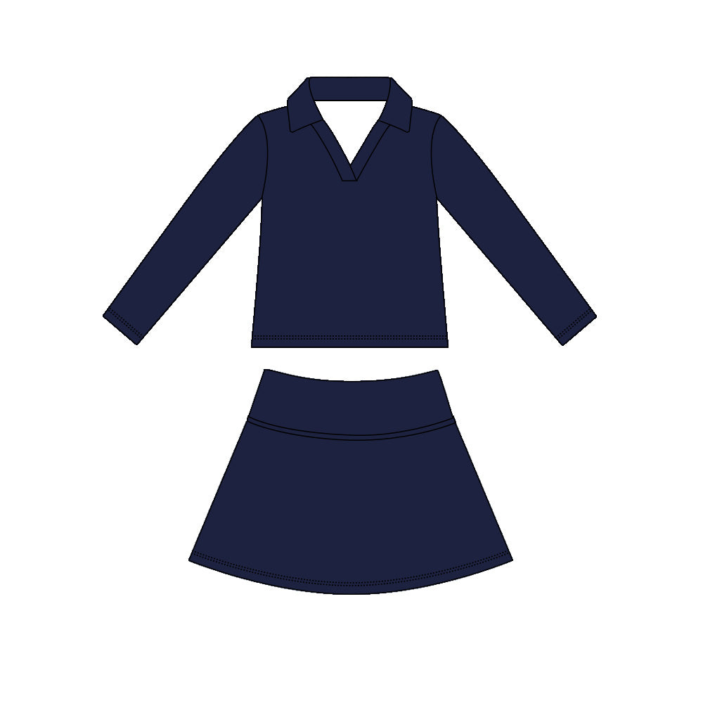 ( Moq 5 ) Preorder Baby Girls Kids Long Sleeves Navy Shirt Skirt Shorts Yoga Active Set Clothes