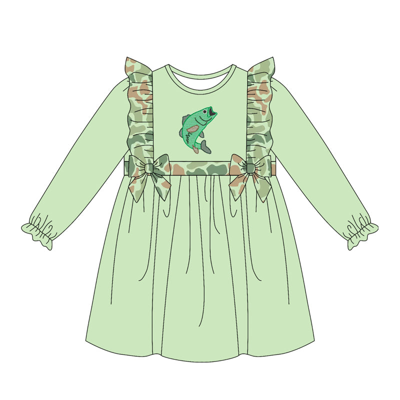 ( Moq 5 ) Preorder Baby Girls Toddler Long Sleeves Camo Ruffle Fish Knee Length Green Dress