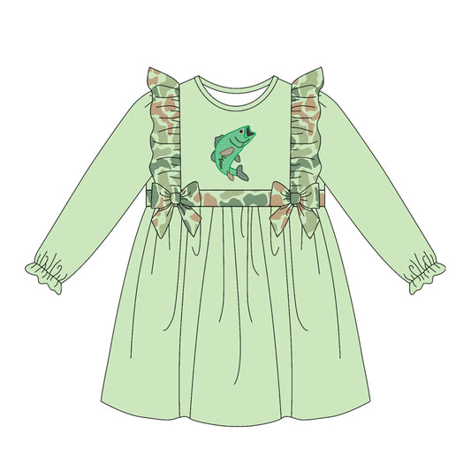 ( Moq 5 ) Preorder Baby Girls Toddler Long Sleeves Camo Ruffle Fish Knee Length Green Dress