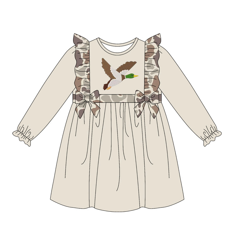( Moq 5 ) Preorder Baby Girls Toddler Long Sleeves Camo Ruffle Duck Knee Length Dress