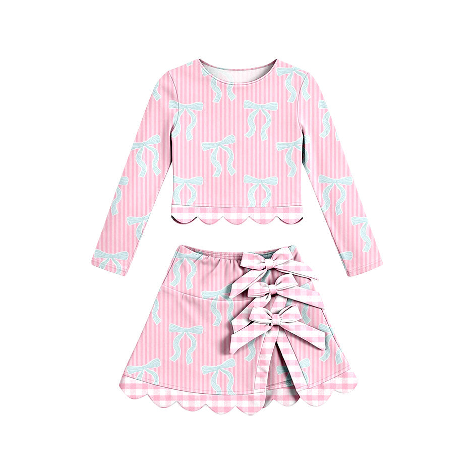 ( Moq 5 ) Preorder Baby Girls Stripes Bows Scallop Tops Skirt Shorts Set Yoga Active Pink Clothes