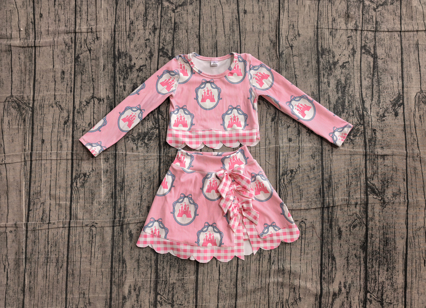 ( No moq ) Preorder Baby Girls Stripes Castles Scallop Tops Bows Skirt Shorts Set Yoga Active Pink Clothes