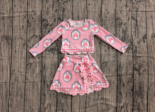 ( No moq ) Preorder Baby Girls Stripes Castles Scallop Tops Bows Skirt Shorts Set Yoga Active Pink Clothes